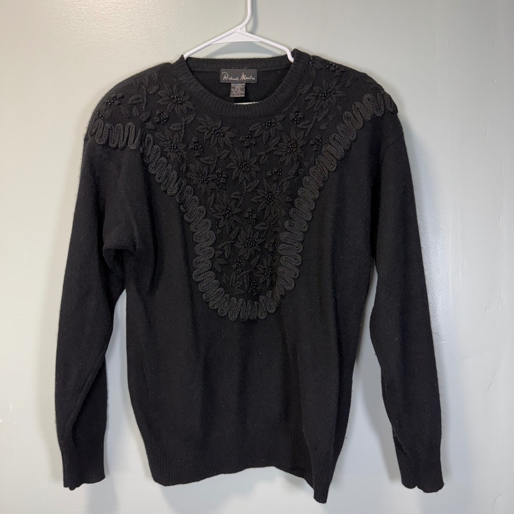 Richard Martin VTG Lambswool Angora Beaded Floral Embroidered Sweater Black‎ L